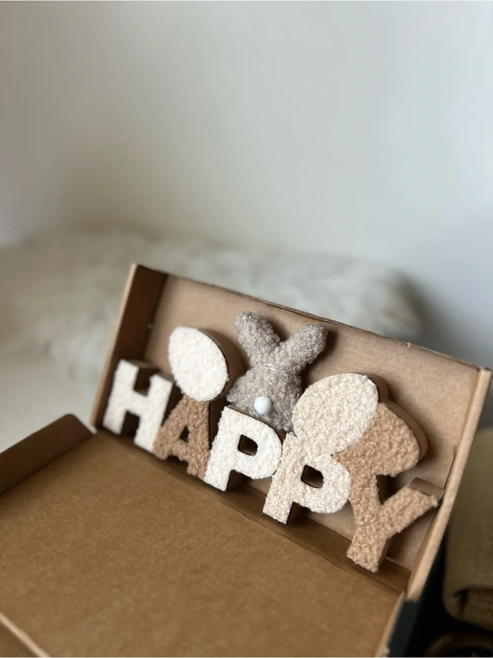 Happy Bunny Text Decor in Cream and Tan - Home Party Supplies new in box